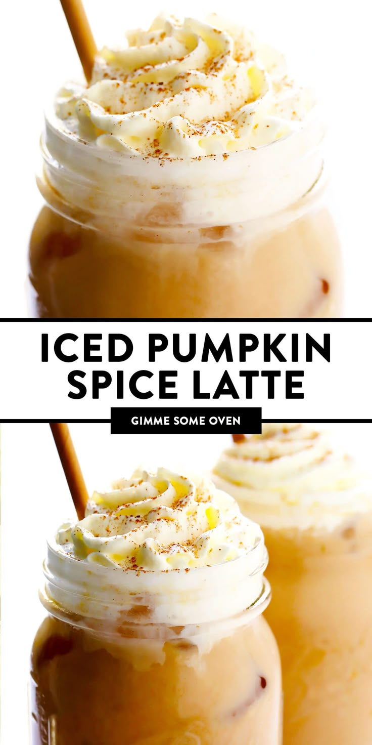 iced pumpkin spice latte in mason jars with cinnamon sprinkles and whipped cream