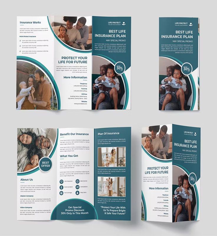 three fold brochure design with blue and green accents on the front, back and side