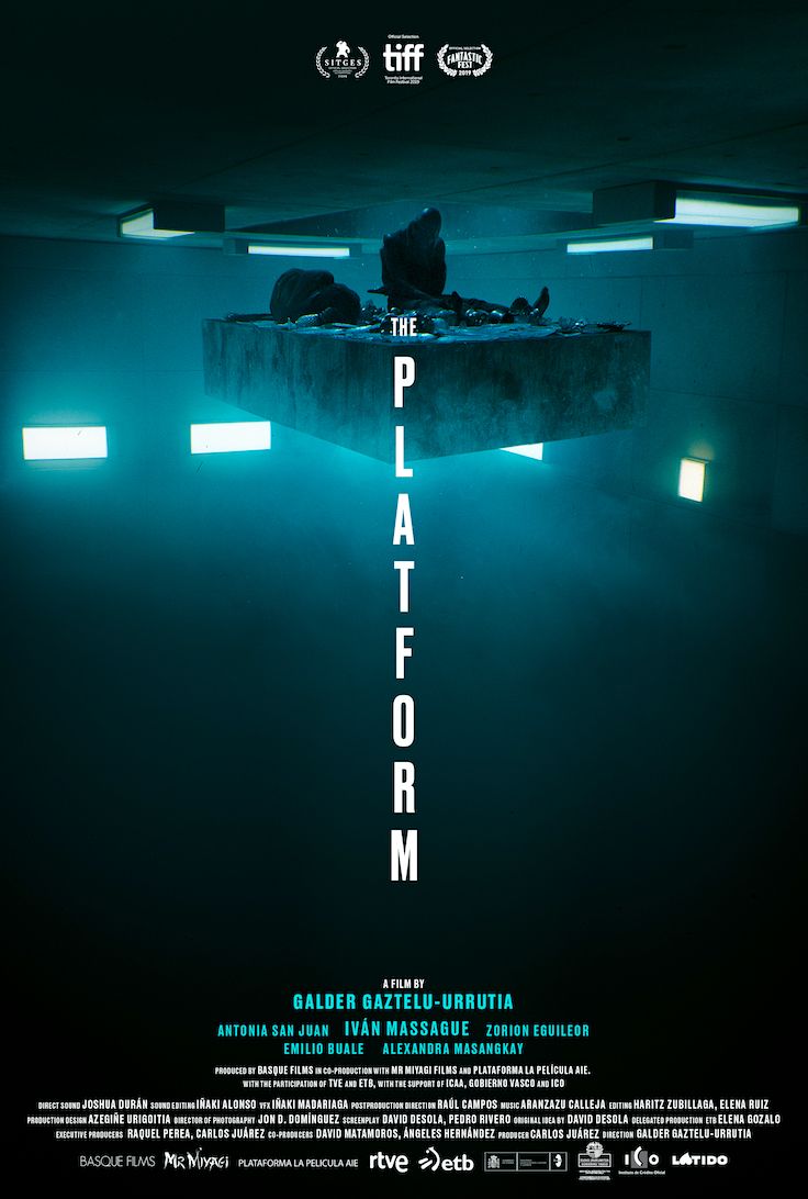 a movie poster for the platform with an image of a man sitting on top of a table