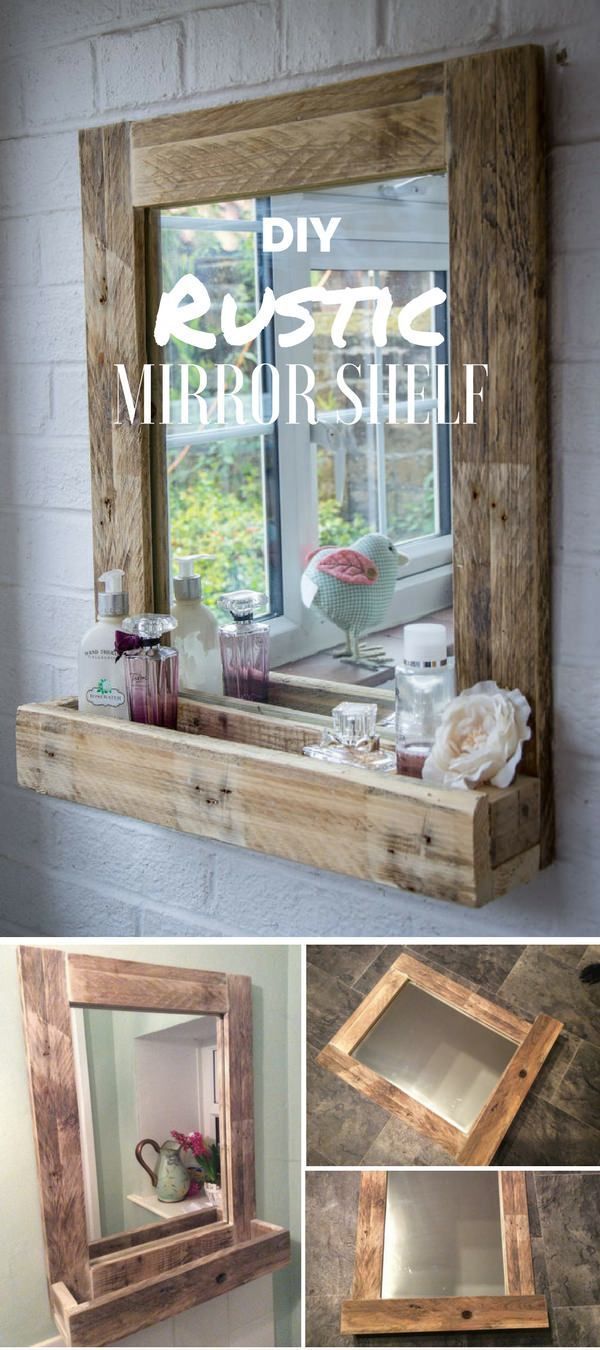 the diy rustic mirror shelf is made out of pallet wood