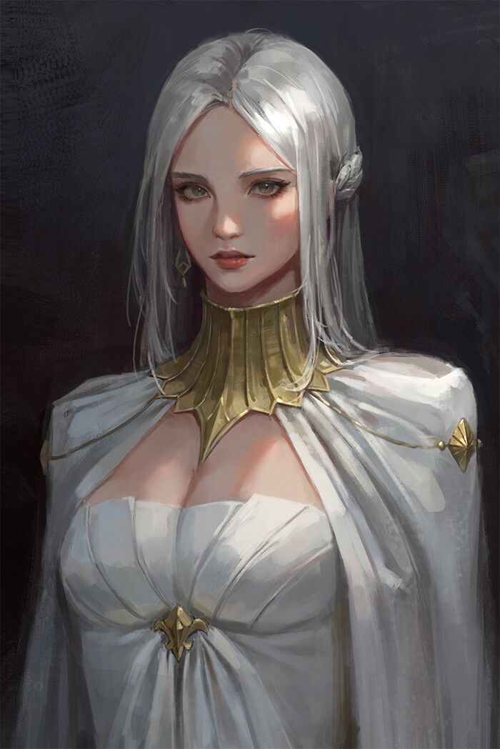 an image of a woman with white hair and gold jewelry on her neck wearing a white dress