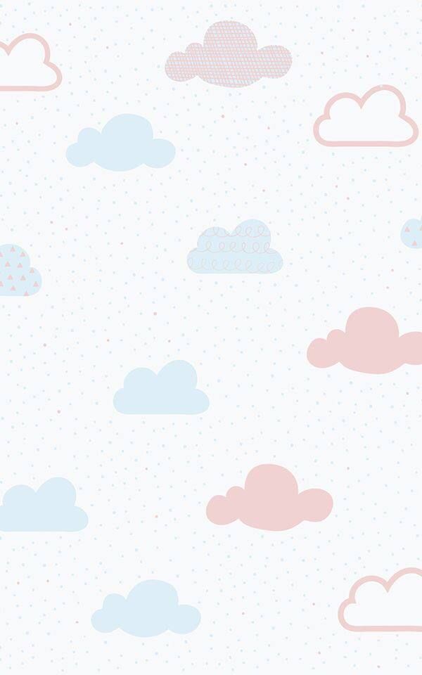 a wallpaper with clouds and dots in pastel blue, pink and white colors