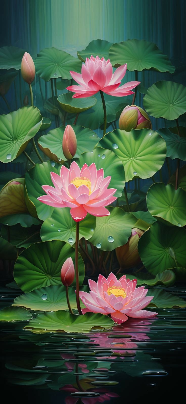 two pink water lilies in the middle of a pond