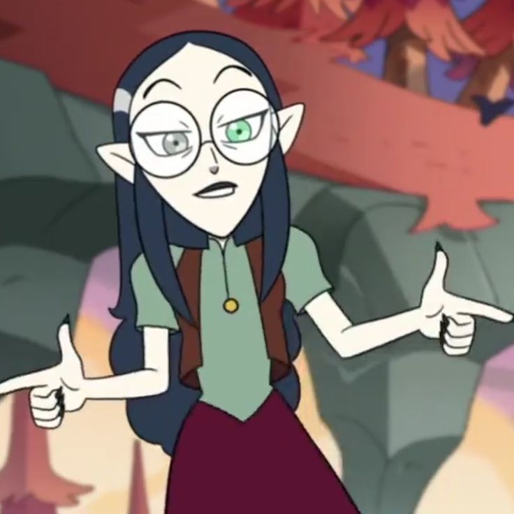 an animated image of a woman with long hair and green eyes pointing to the right