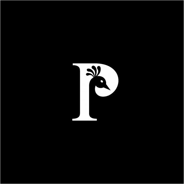 the letter p with a bird on it's head is shown in black and white