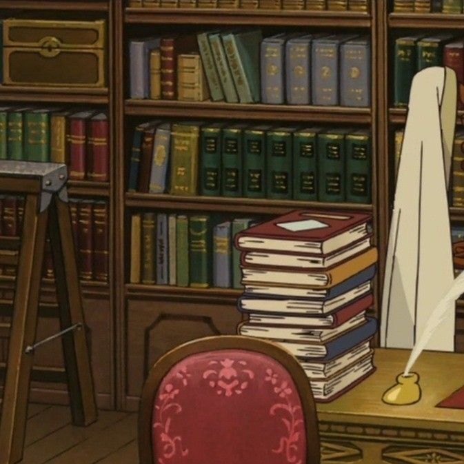 an animated image of a woman sitting at a desk in front of a bookshelf