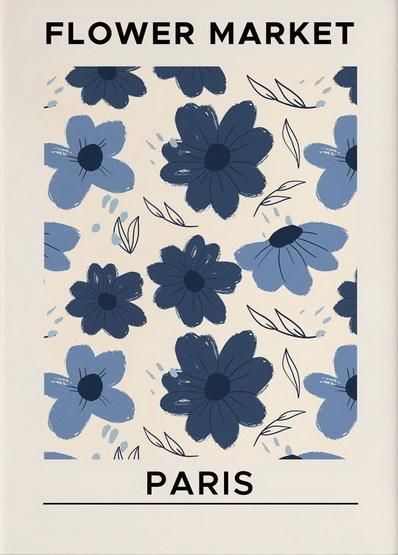 a blue and white flower market poster