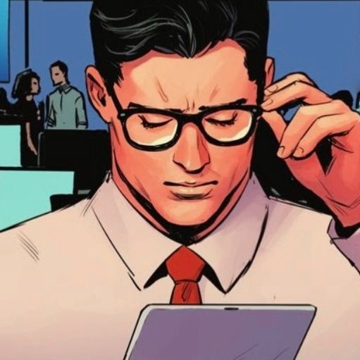 a man with glasses and a tie is looking at a tablet