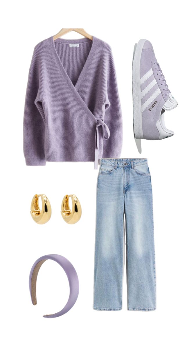 Lilac wrap sweater, gazelles, lilac headband #lilac #fashion #fashionmoodboard #fashionstyle #vintagestyle #oldmoneystyle #classystyle #fashioninspo #clothesinspo #collegeoutfits #universityoutfit #nightoutoutfit #partyoutfit #casualoutfit #casual #casual style #classyoutfit #heels #heelsout #bootsoutfit #chicoutfit #schooloutfit #dayoutfit #sweateroutfit #jumperoutfit #dressoutfit #dress #sequintop #top #clothesinspo #sweedishstyle #oldmoney #goldjewellery Lilac Sweater Outfit, Lilac Dress Outfit, Gazelle Outfit, Lilac Fashion, Converse Fits, Lilac Sweater, October Outfits, Lilac Top, University Outfit