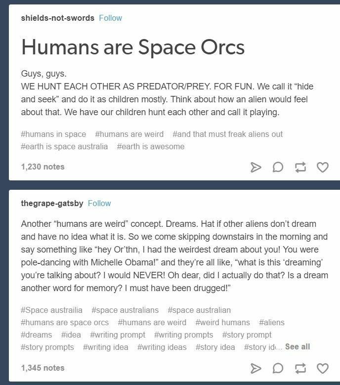 two tweets on twitter with the caption'humans are space orcs '