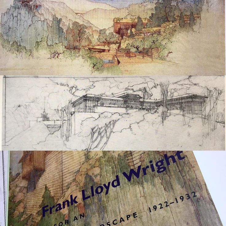 two drawings of mountains and trees with the title frank lloyd wright on it's side