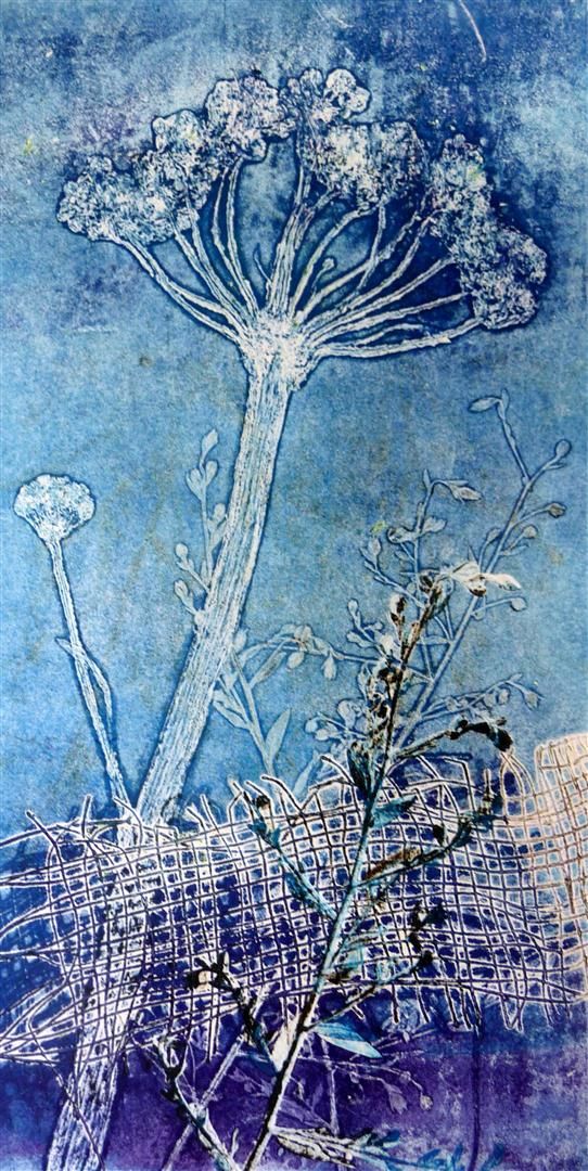 an abstract painting with flowers in blue and white