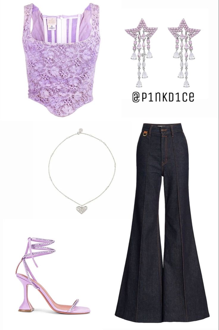 a purple top, jeans and high heels are featured in this fashion ad for pink ice