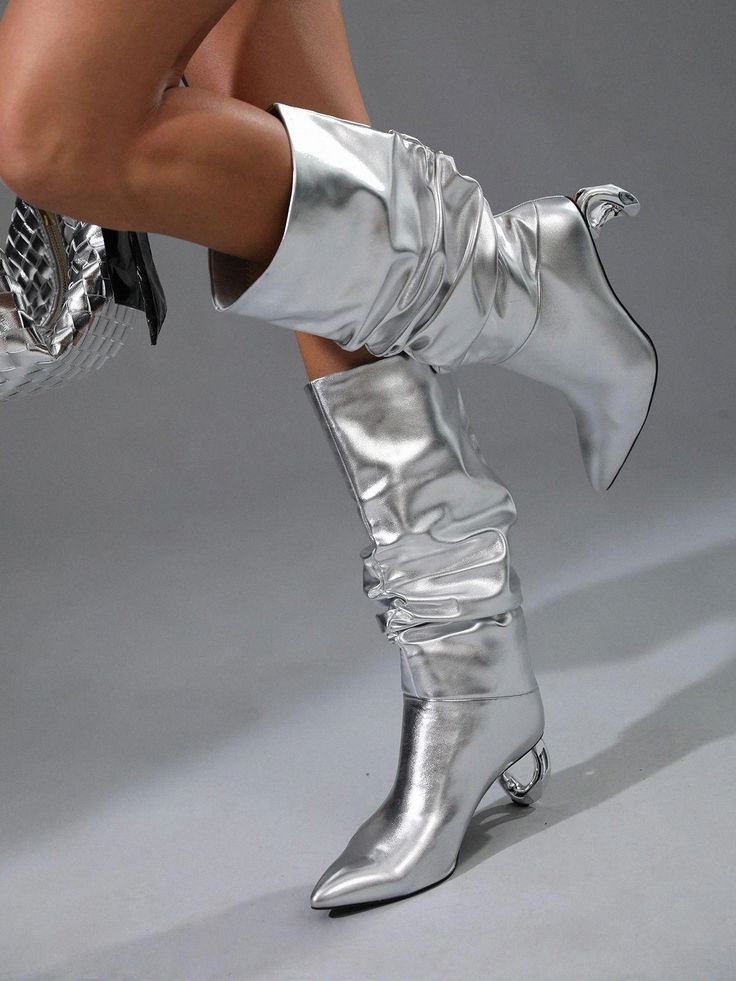 Olivia Mark - Timeless Fashion - Silver Leather Boots for Her Silver Gogo Boots, Pink Sandals Heels, Boot Collection, Gogo Boots, Denim Boots, Black Block Heels, Silver Sandals, Leather Boot, Block Heels Sandal