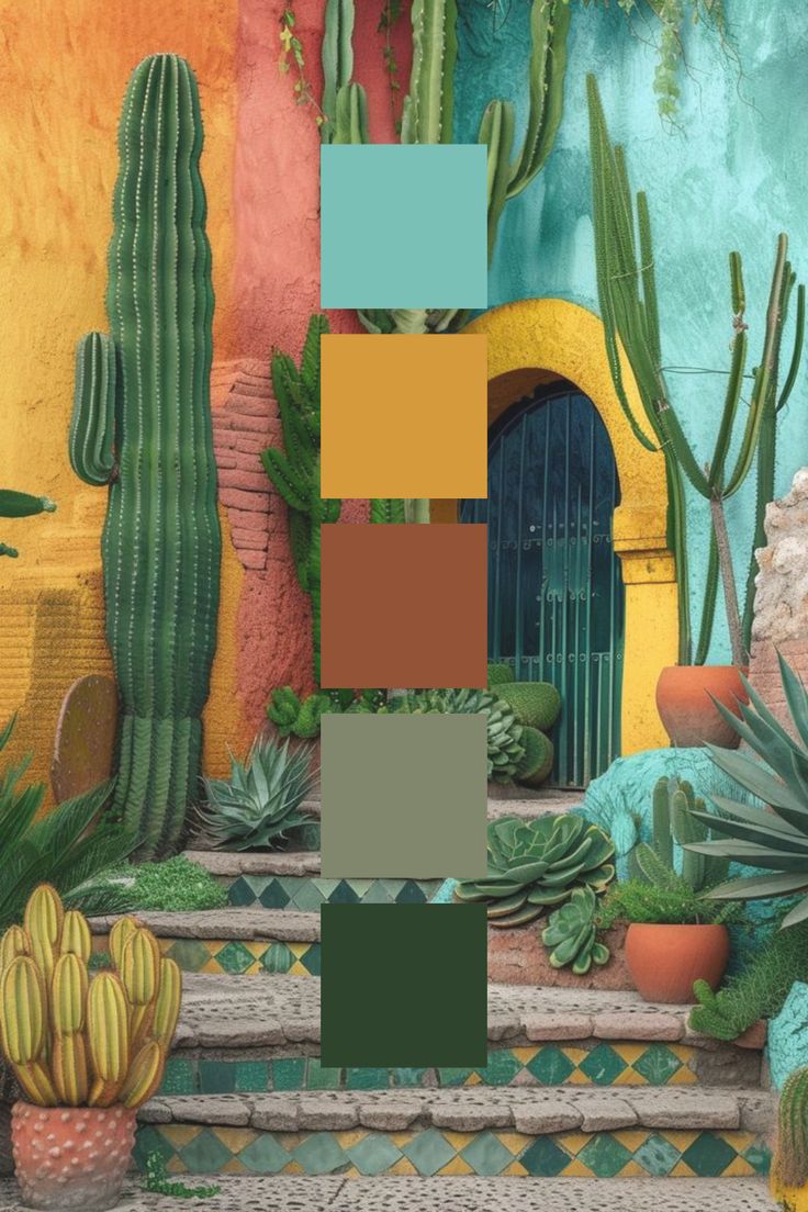 the color palette is green, yellow, and orange with cactuses in pots on the steps