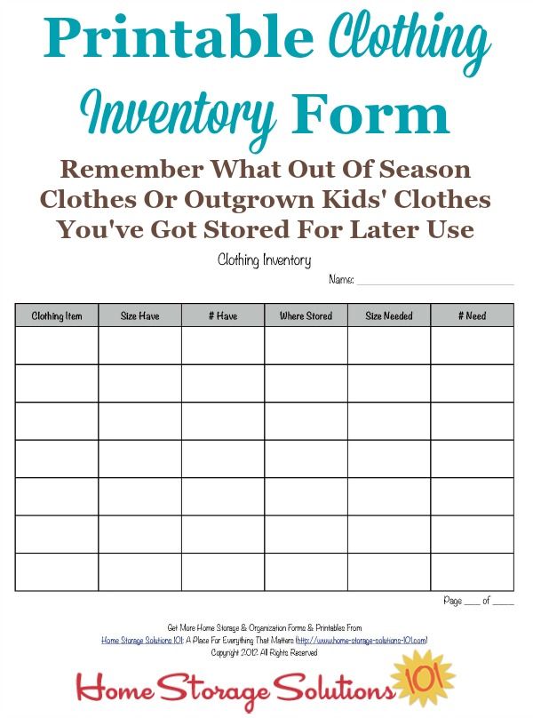 a printable inventory form for clothes that are not in the store or at home