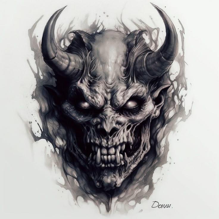 a drawing of a demon with horns on it's head