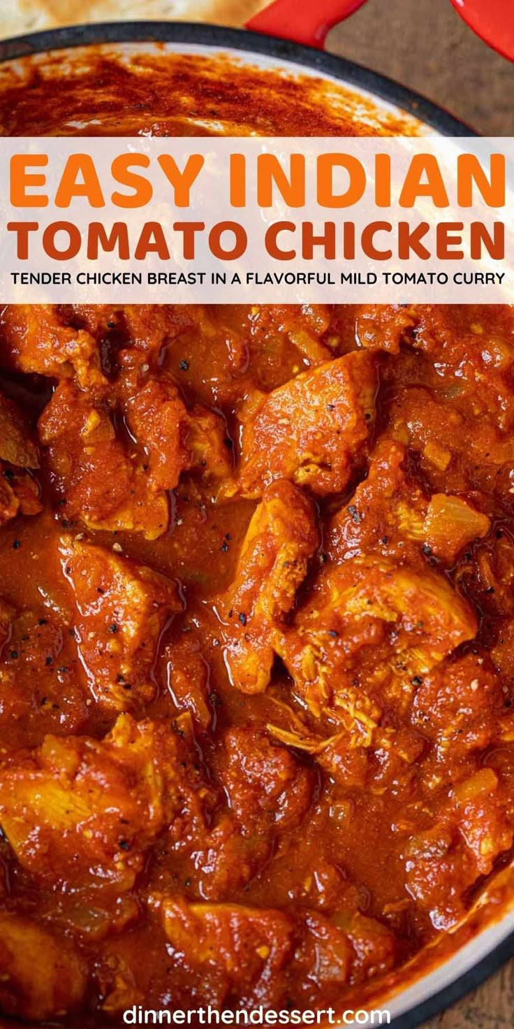 Indian Tomato Chicken is an easy, one pot chicken dinner made in less than an hour! Chicken breasts simmered in a flavorful, kid friendly mild tomato curry. One Pot Chicken Dinner, Indian Lamb Curry, Beef And Rice Skillet, Recipe Using Tomatoes, Chicken Recipes With Tomatoes, Tomato Paste Recipe, Pot Roast Beef, Chicken Sloppy Joes, Ramen Salad