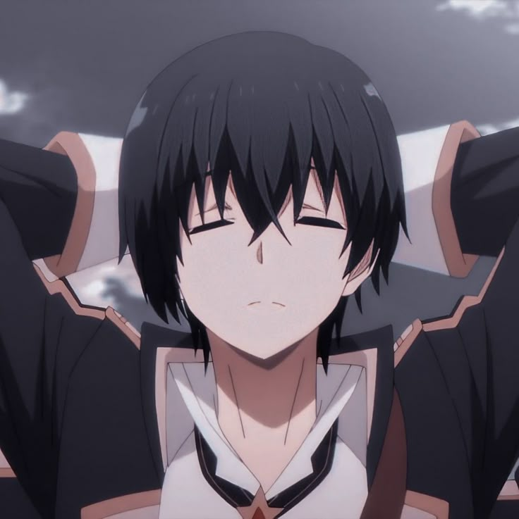 an anime character with black hair wearing a white shirt and tie, standing in front of clouds