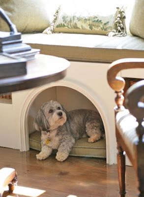 a dog is sitting in his bed under the table