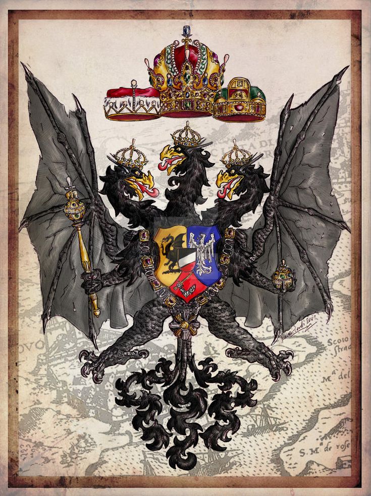 an ornate coat of arms and two headed dragon