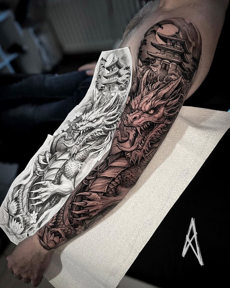 a man's arm with some tattoos on it and an image of a dragon in the background