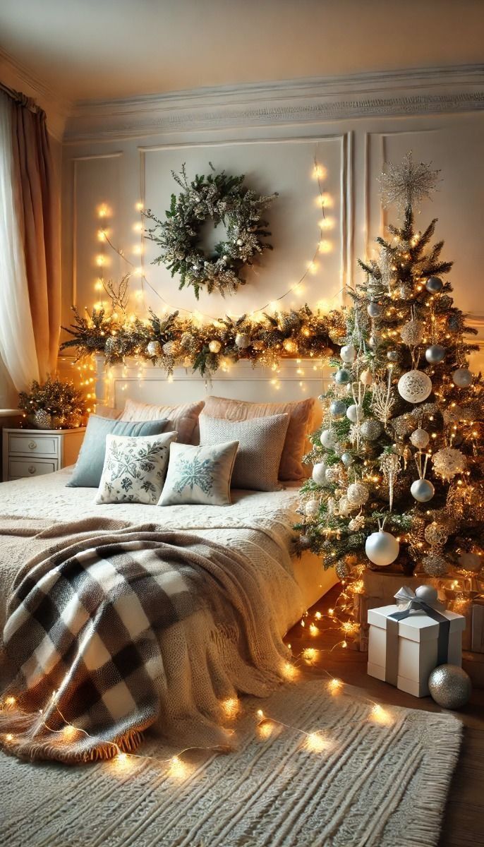 a bedroom decorated for christmas with lights and decorations