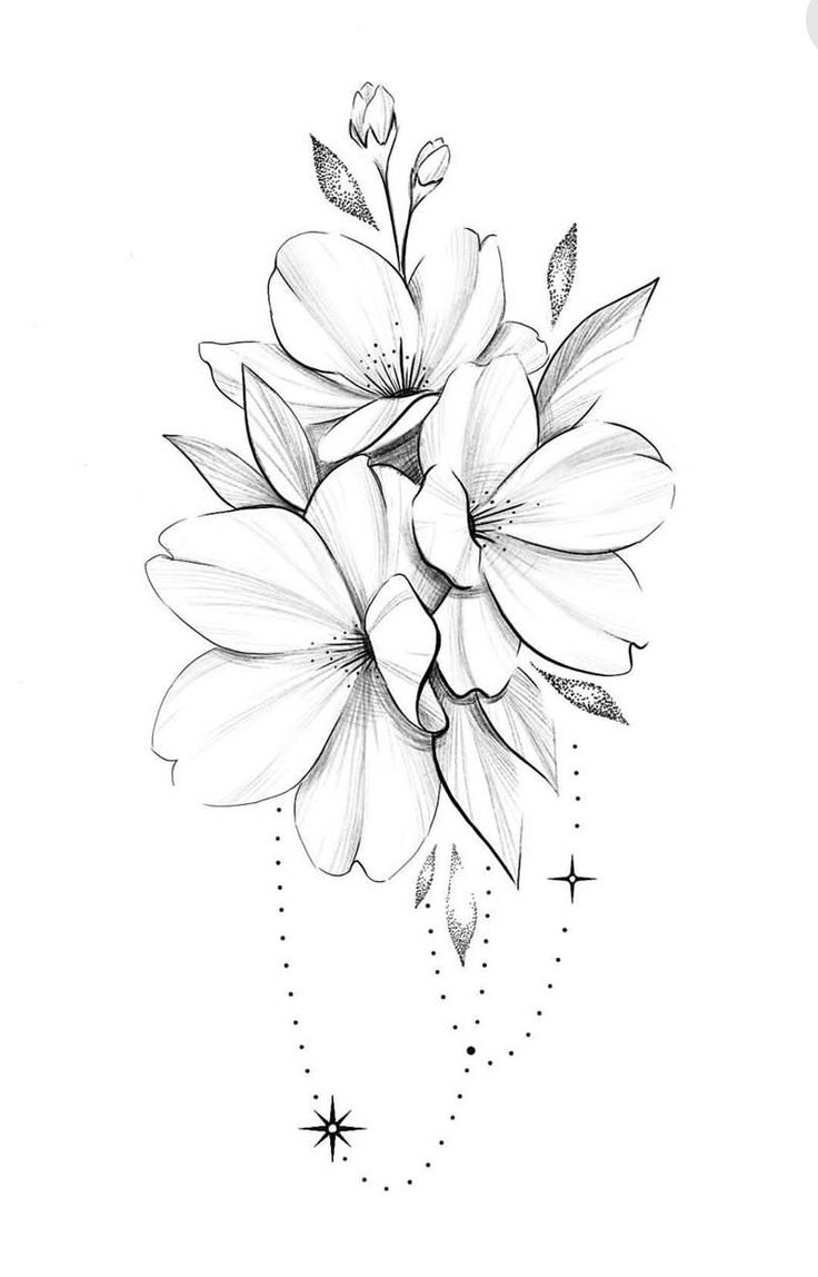 a black and white drawing of flowers with stars on the bottom half of their petals