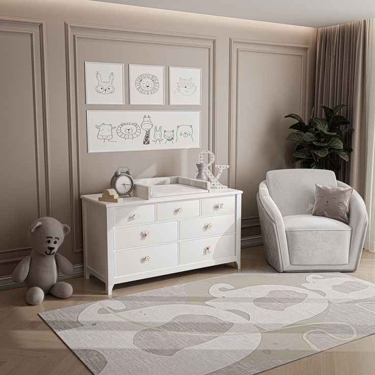 kid's bedroom in beige shades Luxurious Kids Bedroom, Elephant Rug, Bespoke Handles, Diaper Station, Luxury Kids Bedroom, Kids Interior Design, Unique Cabinets, Changing Station, Unique Interior Design