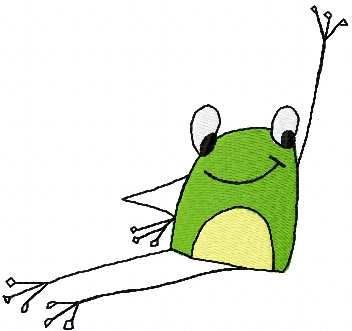 a green frog with eyes wide open sitting on top of a white sheet and smiling