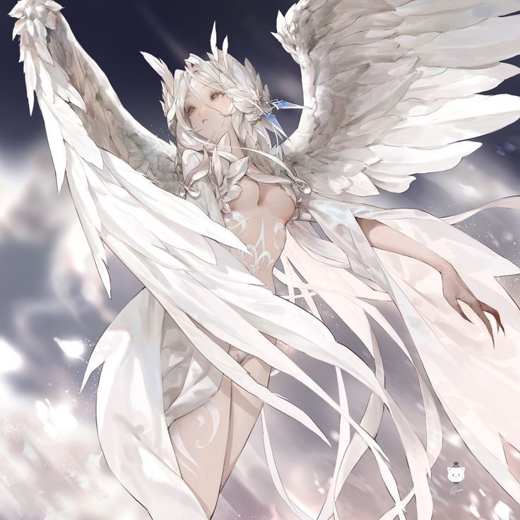 an angel with white wings is flying through the air