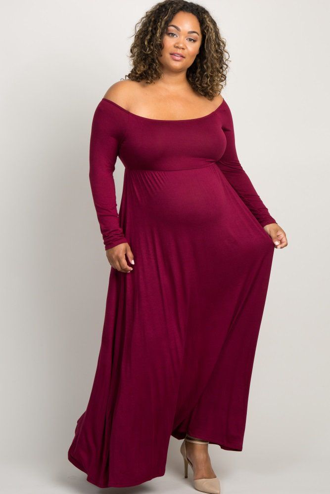 Burgundy Solid Off Shoulder Plus Maternity Maxi Dress Pregnancy Plus Size, Burgundy Maternity Dress, Plus Size Maternity Dresses, Maternity Dresses For Baby Shower, Plus Size Maternity, Maternity Bridesmaid Dresses, Maternity Maxi Dress, Maternity Maxi, Baby Shower Dresses