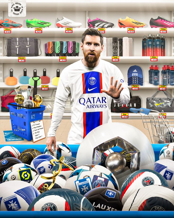 a man standing in front of a display of soccer balls