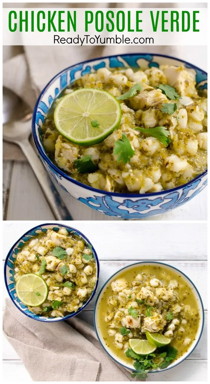 chicken posole vegetable soup in a blue and white bowl with limes on the side