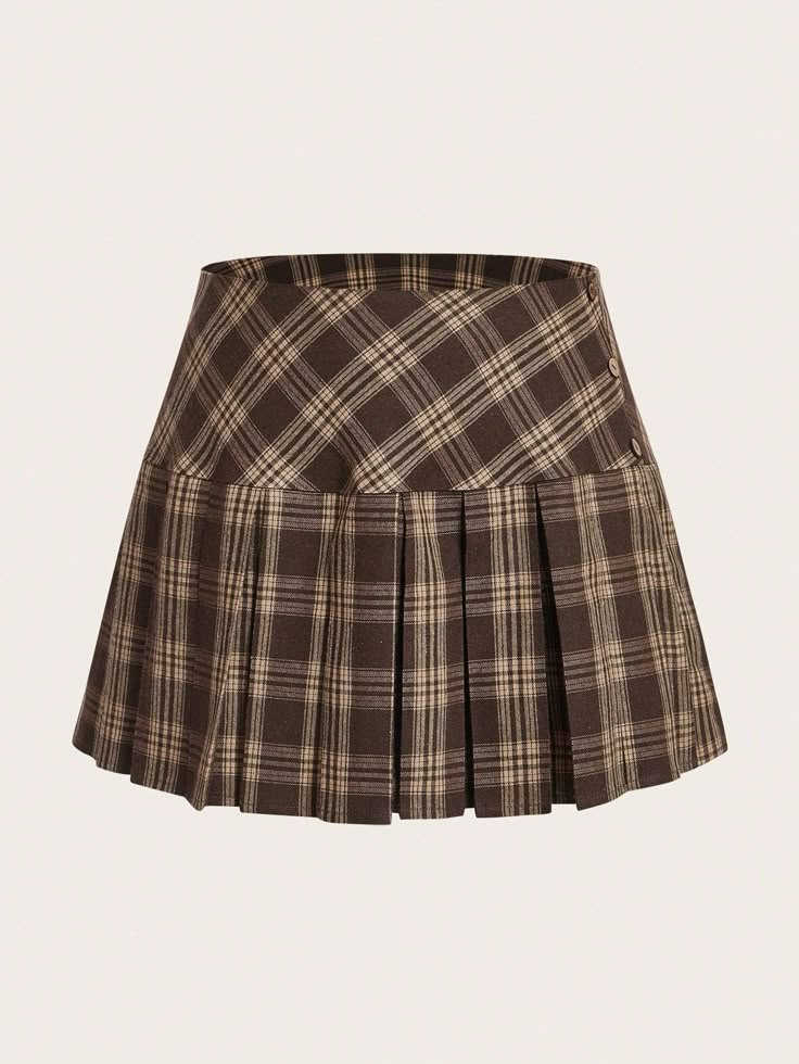 Braun Lässig Collar  Gewebter Stoff Kariert Gefaltet Embellished Undehnbar Brown Skirt Pleated, Plaid Brown Skirt, Brown Plaid Skirt Outfit, Pleated Brown Skirt, Plad Skirt, Tartan Skirt Outfit, Pleated Skirt Plaid, Brown Plaid Skirt, Shawty Bae