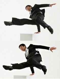 three pictures of a man in a suit jumping up and down with his legs spread out