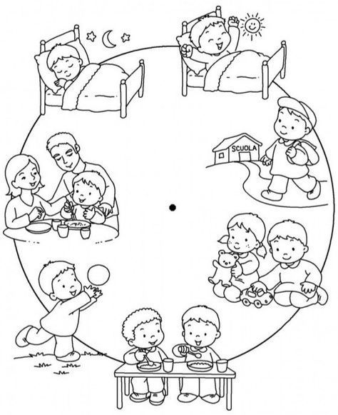 a circular drawing with children playing and eating in bed, one child is sitting at the table