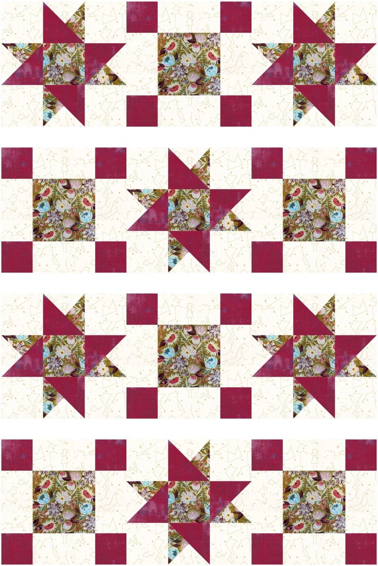 a red and white patchwork quilt with stars on the top, in different colors