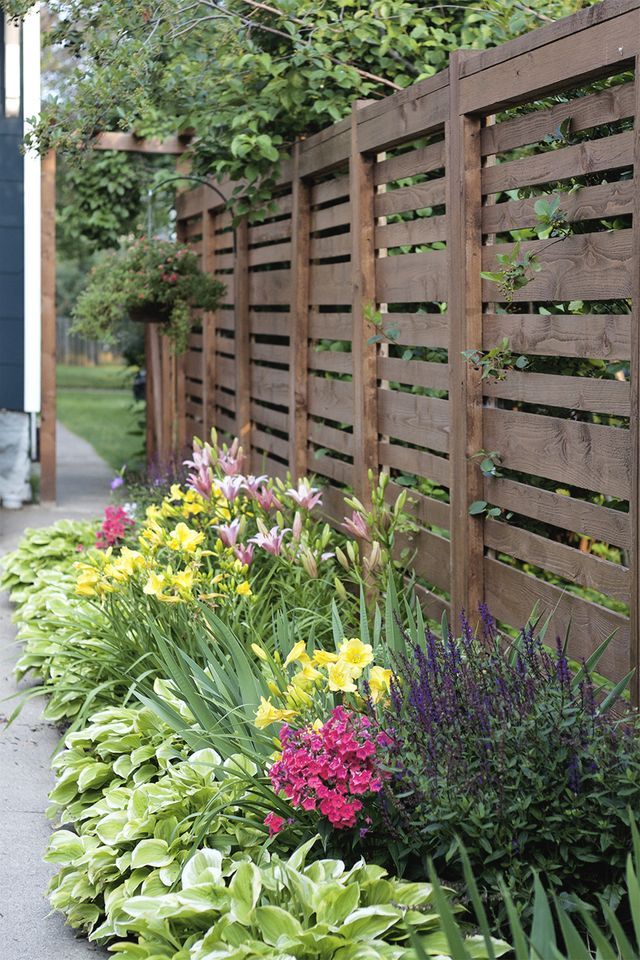 colorful flowers line the side of a wooden fence