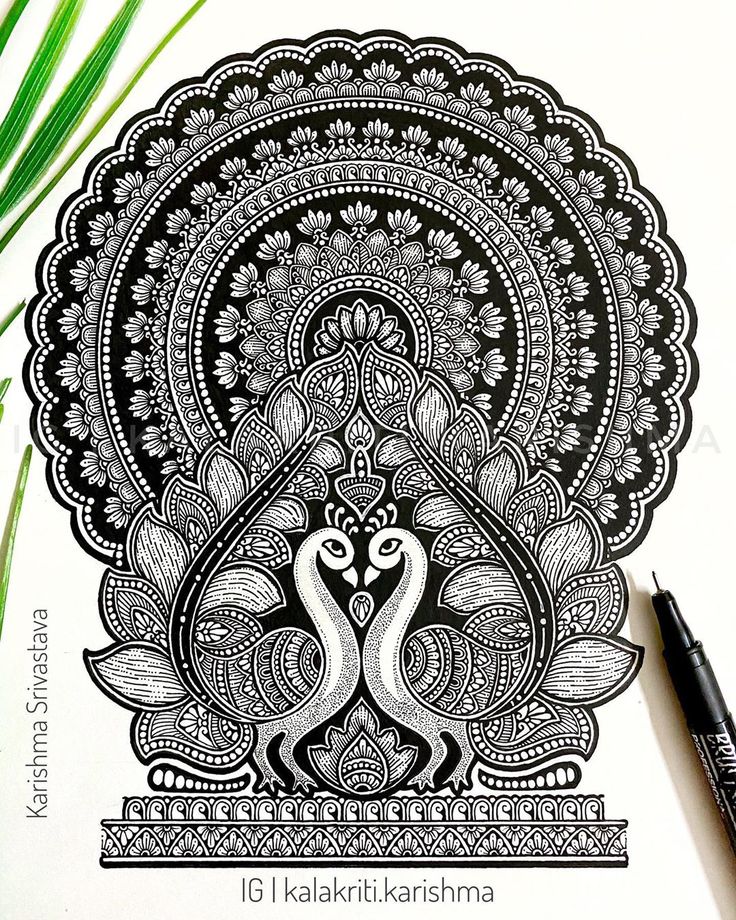 an intricately designed peacock is shown in black and white on a sheet of paper