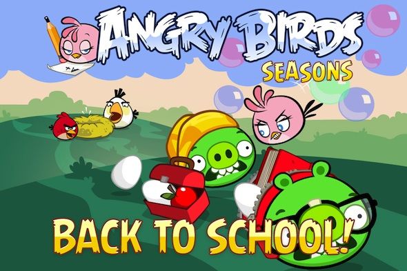 an angry birds game with the title back to school, and three green cartoon characters