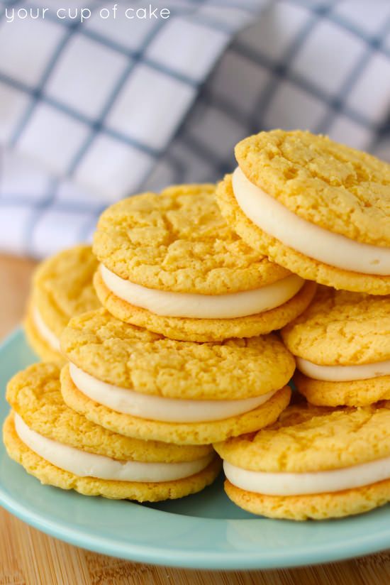 a stack of cookies on a blue plate