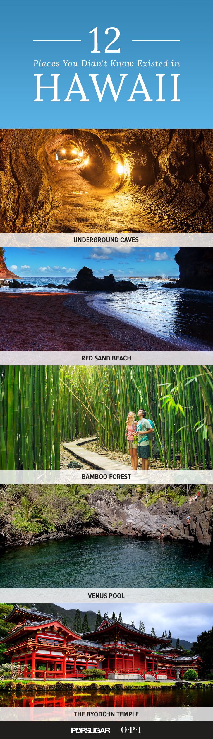 four different views of the ocean and land in hawaii, with text overlaying them