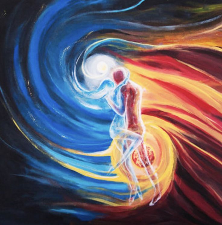 a painting of a person standing in front of a colorful swirl