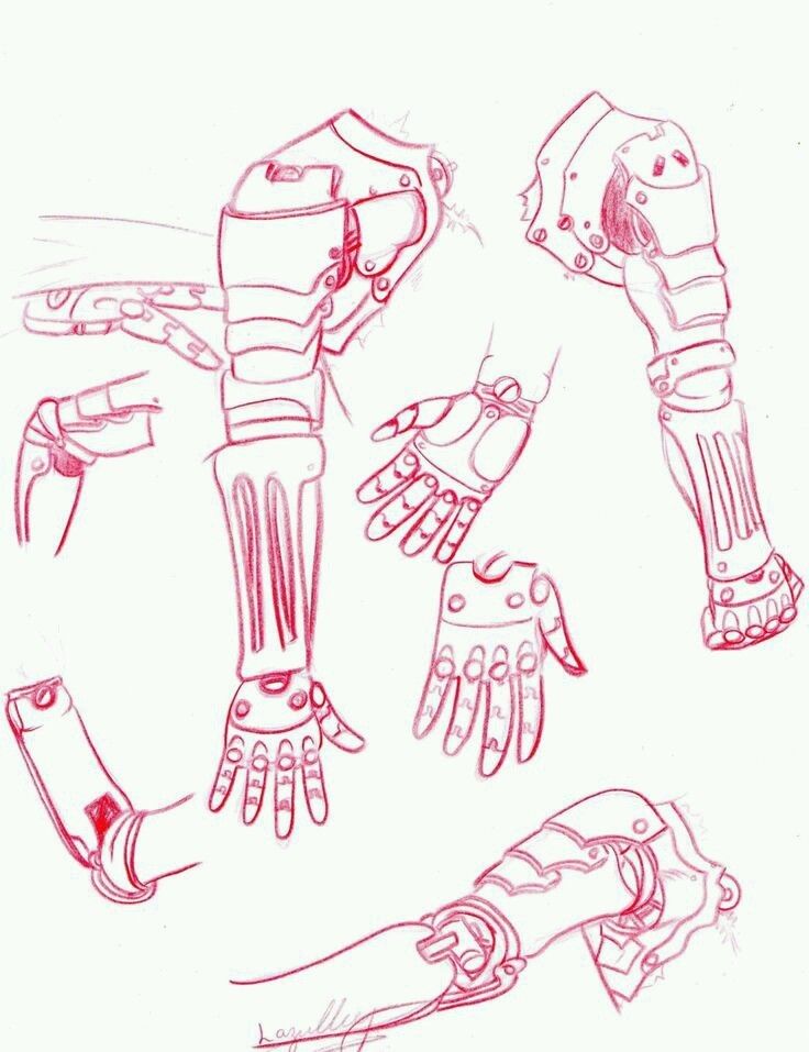 several different types of gloves drawn in red ink