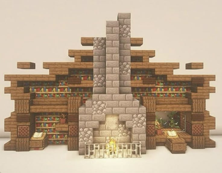 an image of a building made out of wood and stone with a fire place in the center