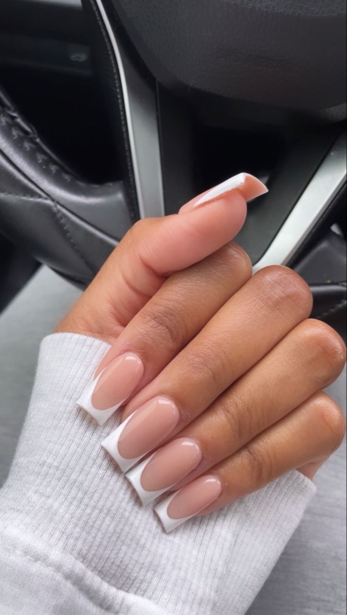 Nail Inspo Long Simple, Narrow French Tip Nails, Straight Tip Acrylic Nails, Light Square Nails, Basic French Tip Nails Long, Milk Base French Nails, French Nails Plain, Long Acrylic French Nails, Rectangle French Tip Nails