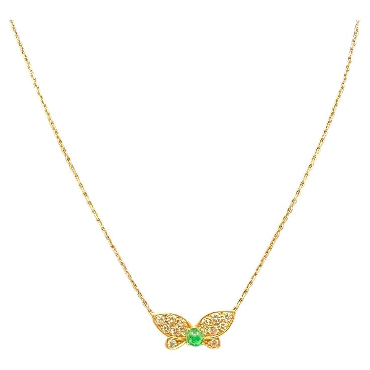 Van Cleef & Arpels Green Emerald & Diamonds Butterfly Necklace One cabochon Green Emerald est. 0.50 ct and round brilliant-cut D-F VVS1-VVS2 diamonds weighing an estimated 0.50 carats. 18K Yellow Gold chain has an adjustable length from 15 to 17.5 inches. Made in France circa 1970s. Measurements: 0.78" (20mm) width, 17.5" (44.4cm) length. Mint Condition Van Cleef Arpels Green, Van Cleef Arpels Diamond, Diamond Butterfly Necklace, Van Cleef & Arpels, Diamond Butterfly, Van Cleef And Arpels, Yellow Gold Chain, Van Cleef Arpels, Van Cleef