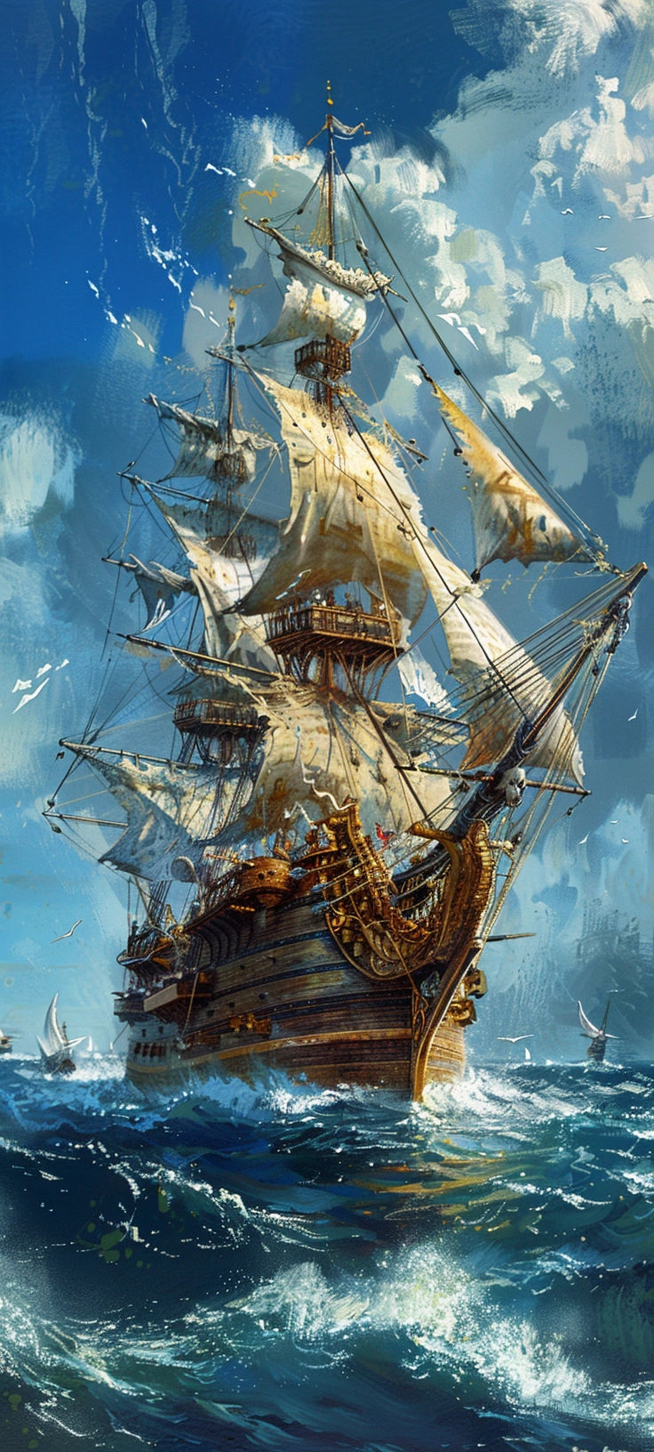 a painting of a sailing ship in the ocean