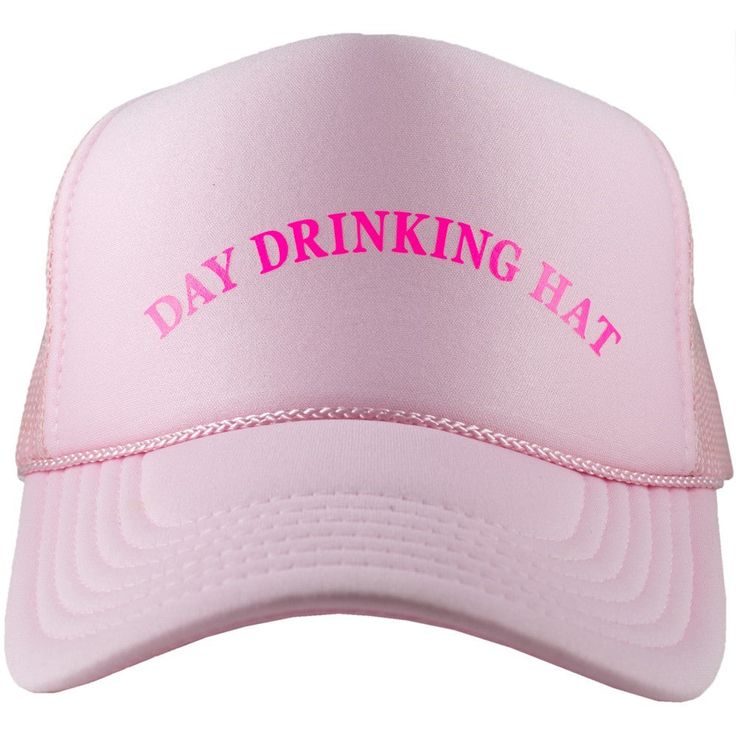 Our Day Drinking DECAL Foam Trucker Hat Designed and screened in the USA 65% cotton 35% polyester blend, with an adjustable snap tab and a curved bill Cheap Pink Acrylic Hats, Drinks By The Pool, Palmetto Moon, Booze Cruise, Pink Trucker Hat, Wholesale Hats, Drinking Gift, Hat Day, Pink Day